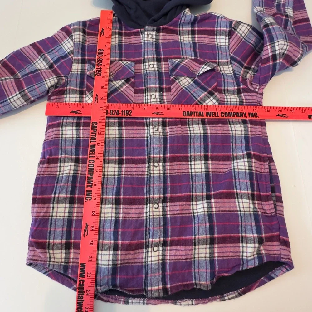 LL Bean Kid Purple Plaid Fleece Lined Hooded Flannel Shirt Jacket M 10-12 502123